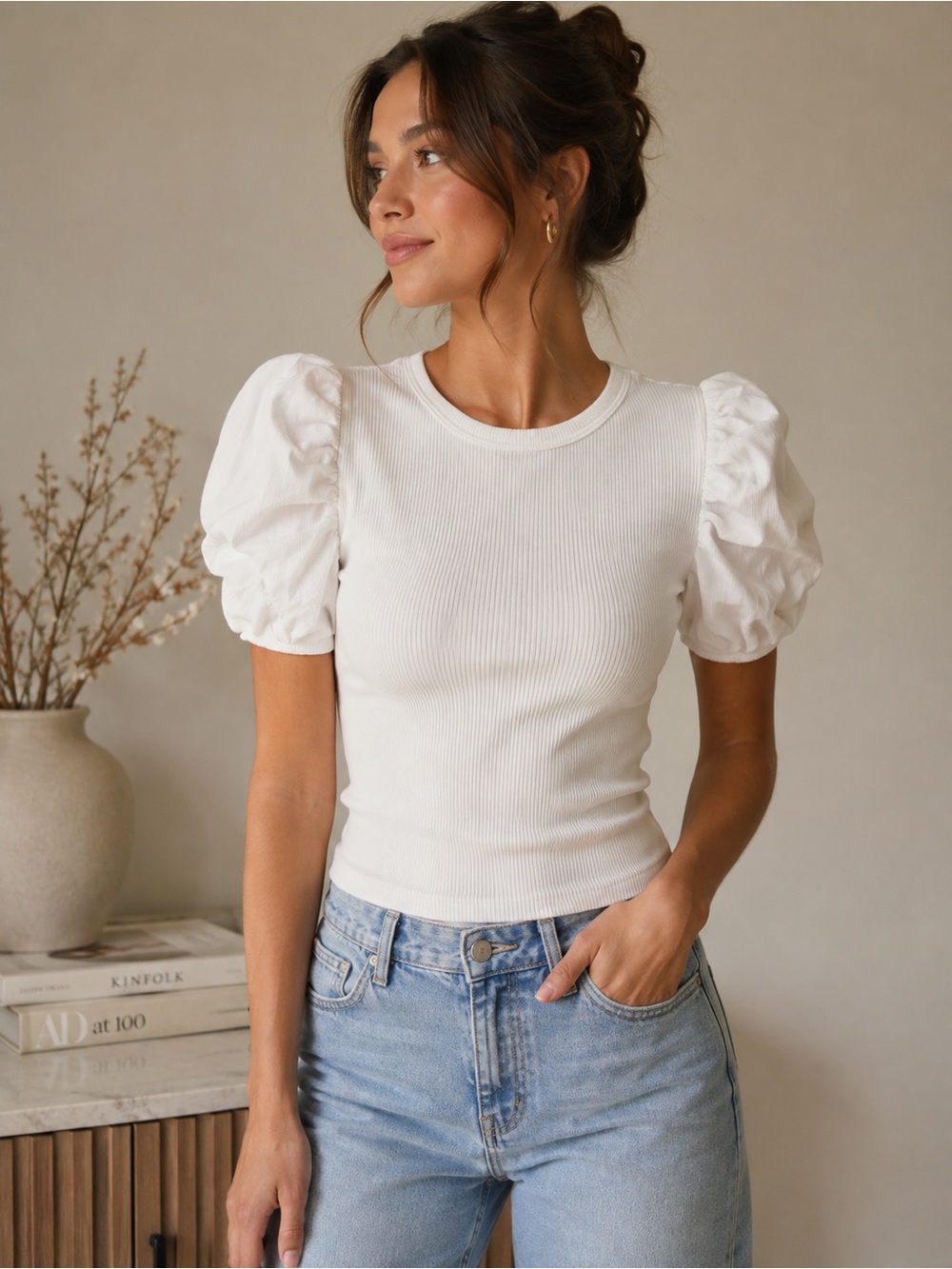 1.State White Puff Sleeve Ribbed Top Size S Balletcore Romantic